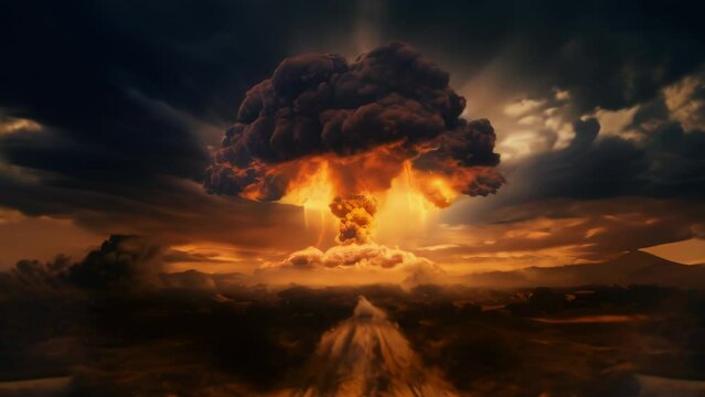 Huge nuclear bomb explosion with a mushroom cloud, weapon of mass destruction. Anamorphic 4k footage