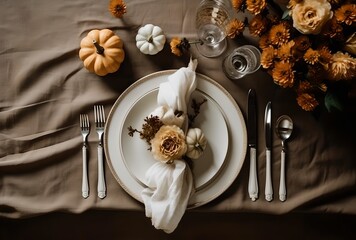 Fototapeta na wymiar Thanksgiving table setting, elegant dinner table with pumpkins and candles generative ai.