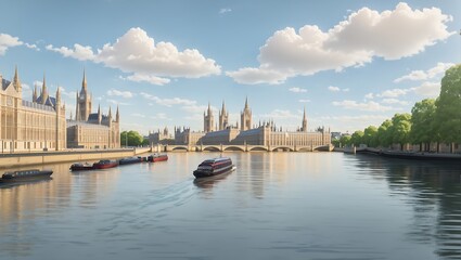 Fototapeta na wymiar Big Ben, Westminster Bridge on River Thames in London, the UK. English symbol. Lovely puffy clouds,