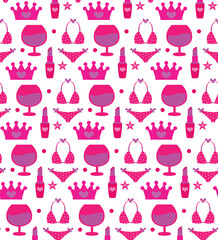 Seamless pattern with woman pink accessories. Seamless fashion accessories pattern. Pink trendy fashion accessories and clothing vector illustration.