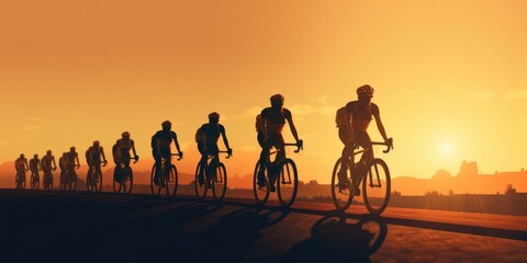 Fototapeta na wymiar A group of cyclists at sunset