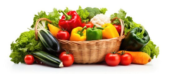 Vegetable composition with basket on white background