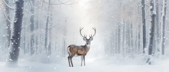 Fotobehang Wild Christmas deer in snowy fairy forest, mystery woodland. Cute winter holidays illustration. New Year greeting card, Generative ai © Inai