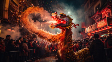 Chinese New Year (China) - A major traditional Chinese festival marked by dragon dances and fireworks - obrazy, fototapety, plakaty
