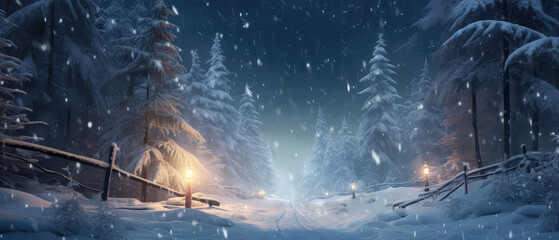 Christmas mystery wonderwood night. Snow falling, lights at deep forest meadow landscape. Magic glowing holidays illustration. Scenery. Generative ai
