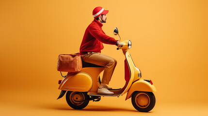 delivery man riding scooter against empty background