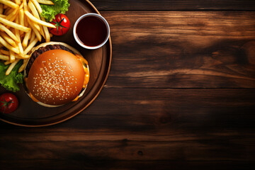 Hamburger with french fries on a dark wooden background, top view
