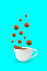 Creative design with coffee cup and coffee drops on blue background. Delicious taste of fresh black coffee. Poster