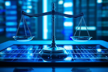 Close up of law scales balance on reflective surface in data center of blue neon light. Justice or judgment law concept.