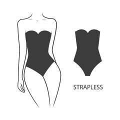 Swimwear on a woman's body. One-piece strapless swimsuit. Vector illustration isolated on white background