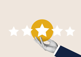Contemporary art collage of businessman&rsquo;s hand giving five-star rating, Feedback concept.	