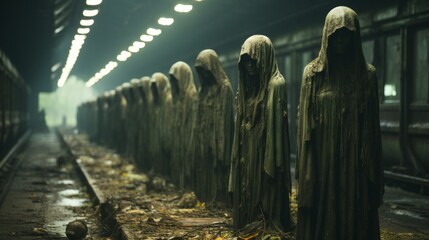 A collection of solemn, hooded statues stand together in underground, surrounded by vast expanse of ground with distant train track winding through it, evoking sense of timelessness and mystery - obrazy, fototapety, plakaty
