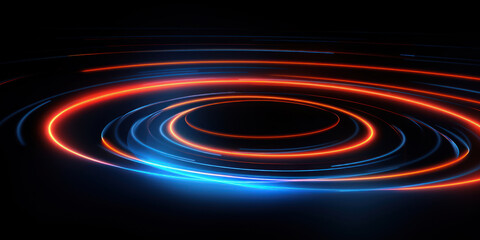 Neon futuristic flashes circles stripes on black background.