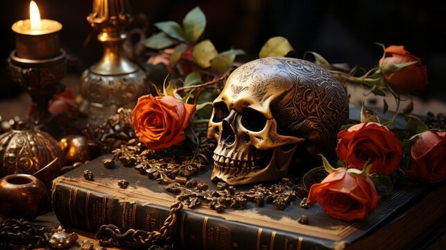 The flickering candlelight casts a shadowy glow across the skull and roses, illuminating the indoor flower and plant as if they were whispering a secret to the mysterious book