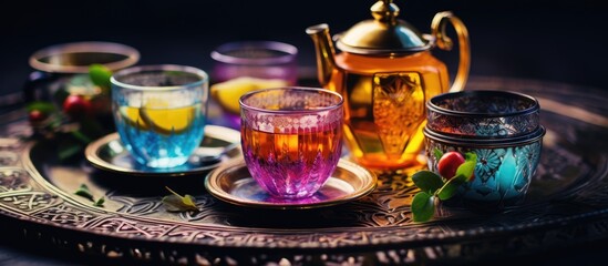 Fototapeta na wymiar Vintage style picture showcasing a colorful Oriental tea table arrangement