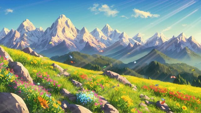 Summer mountain landscape. Anime seamless Background, 25 FPS.
