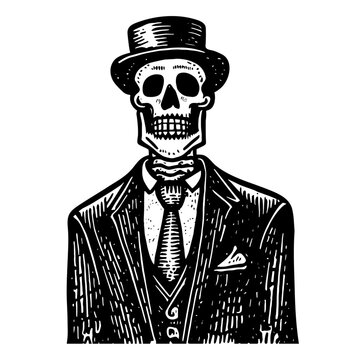 skeleton wearing a suit and a top hat vintage sketch