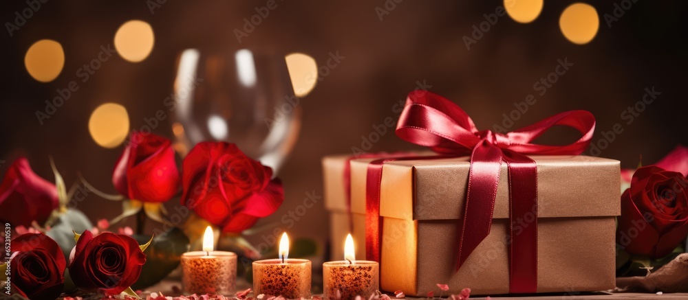 Poster Valentine s day dinner includes a romantic table setting with a gift box candles roses greeting card and menu showcased on social media with a side view