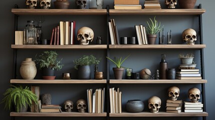 A captivating and eclectic display of skulls, books, and various houseplants adorns the full bookshelf, adding a unique touch of life and charm to any wall - obrazy, fototapety, plakaty