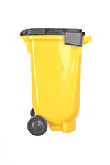 Yellow Recycling Bin with black wheels. Isolated on white background.