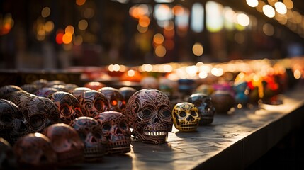 A hauntingly lit street corner reveals a morbid tableau of skulls, reminding us of our mortality and the fragility of life - obrazy, fototapety, plakaty