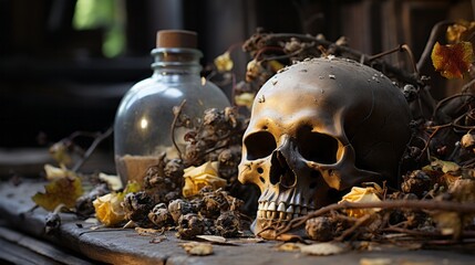 A still life of a white skull perched atop a wooden table with a lone bottle nearby evokes feelings of mystery, solitude, and intrigue
