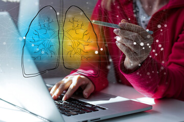 Creative image of medical worker with glowing interface of lungs and virus on blurry background. Medicine, healthcare and pandemic concept. Double exposure