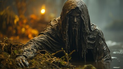 A majestic zombie cloaked in a dark robe stands in silent contemplation beneath the open sky, their hood casting a mysterious shadow over their stoic countenance