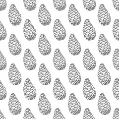 Seamless pattern with pine cones on white background. Black and white vector illustration doodle hand drawn. Wrapping or textile, print for fabric or paper