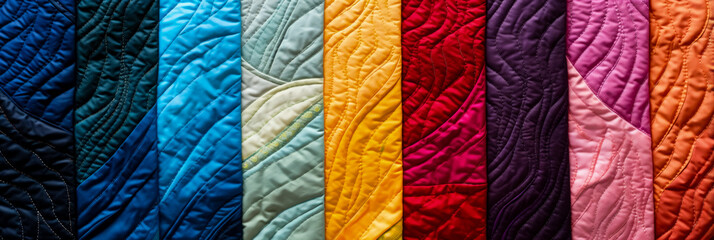Close-ups showcasing unique quilting patterns on diverse colorful textile backgrounds  - obrazy, fototapety, plakaty
