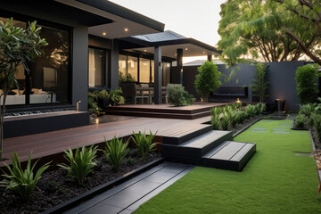 a modern house with garden design with lawn and green grass - obrazy, fototapety, plakaty