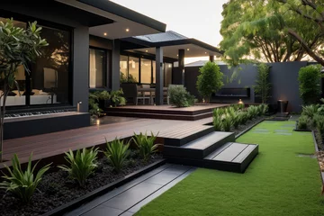 Tuinposter a modern house with garden design with lawn and green grass © Kien