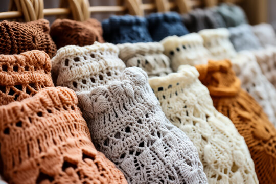 Detailed images presenting handmade macrame and crochet patterns on soft textiles 