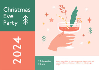Christmas Eve party 2024 invitation collage with hand holding cocktail with fir tree branch, berries, stars, graphic trees and snowflakes. Creative card, vector illustration, greeting geometric banner
