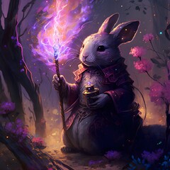rabbit sorceror casting magic plum blossoms flower garden purple fireworks disco elysium style  - obrazy, fototapety, plakaty