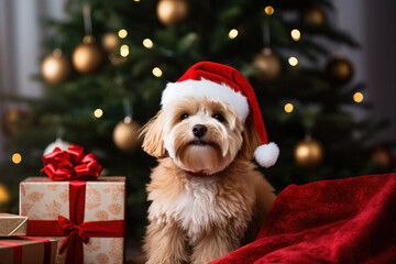 dog in a santa hat near the Christmas tree. New Year's pets. celebration and fun. furry animals next to a box, a gift.