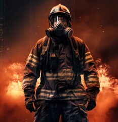 Brave firefighter in uniform standing in front of a massive fire