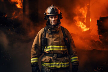 Naklejka premium Brave firefighter in uniform standing in front of a massive fire