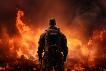Brave firefighter in uniform standing in front of a massive fire - obrazy, fototapety, plakaty