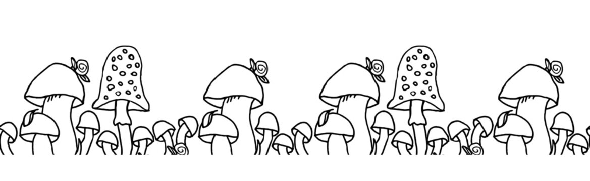 Mushroom seamless boarder. Vector banner with black and white illustrations, simple forest background