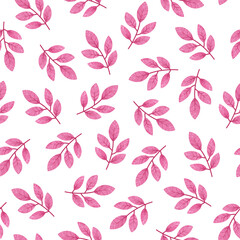 Pink foliage seamless pattern with hand drawn textured leaves and brunches on white background. Cute feminine leaf allover print. Trendy monochrome pink botanical illustration