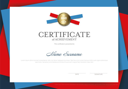 Modern horizontal certificate template with blue and red papers