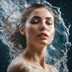 Obraz premium Abstract concept, beautiful woman relaxing, splash of water behind her, beauty products concept