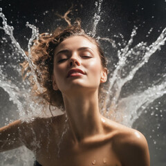 Beautiful woman relaxing, splashes of water,  beauty products concept