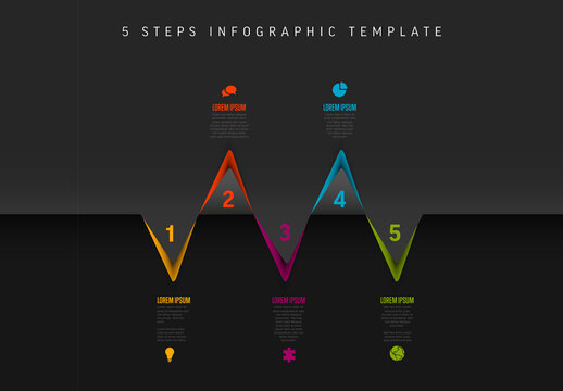 Five horizontal dark color corner steps elements template with icons