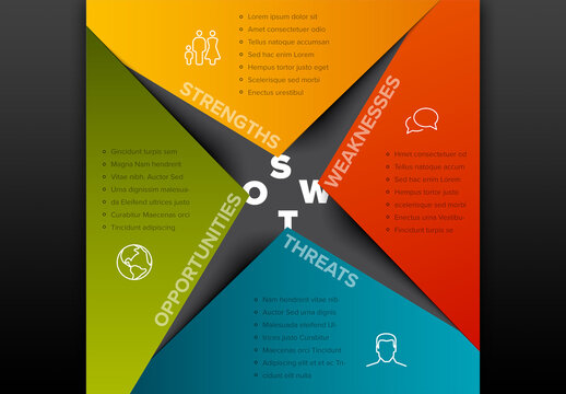 Dark color paper squares SWOT diagram schema template