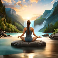Cool place outside the valley, young woman, meditation, rocks, waterfall, trees and mountains, water waves, sunrise, clouds, cozy weather, cool weather. Generative with Ai 