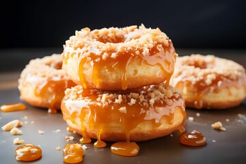 Donuts in caramel glaze. Promotional commercial photo. - obrazy, fototapety, plakaty