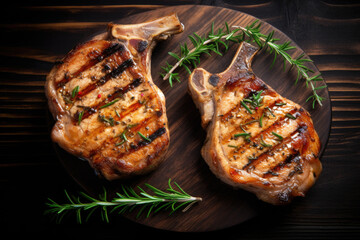 Grilled or pan fried pork chops on the bone with garlic and rosemary