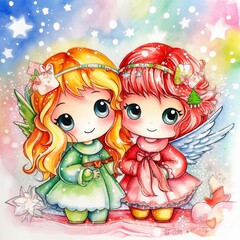 Obraz na płótnie Canvas Whimsical cute christmas angels in the snow